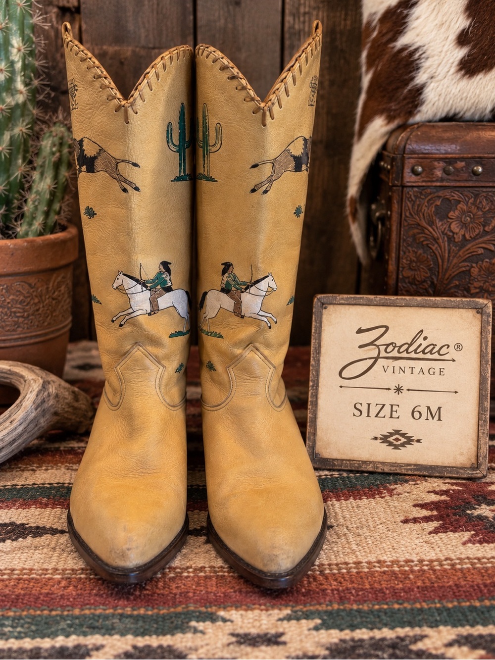Vintage Zodiac Women’s 6M Leather Western Cowboy Boots Native American Print